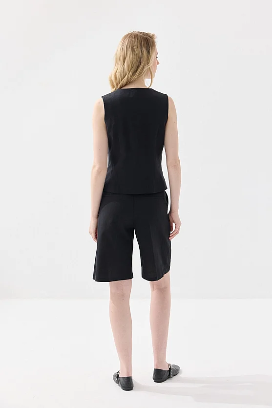 Linen Vest with Welt Pockets - Black - 5