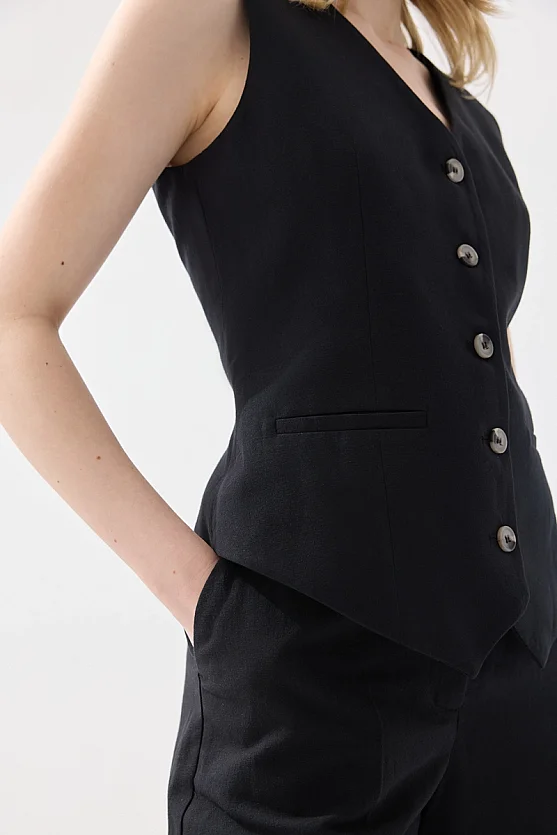 Linen Vest with Welt Pockets - Black - 6