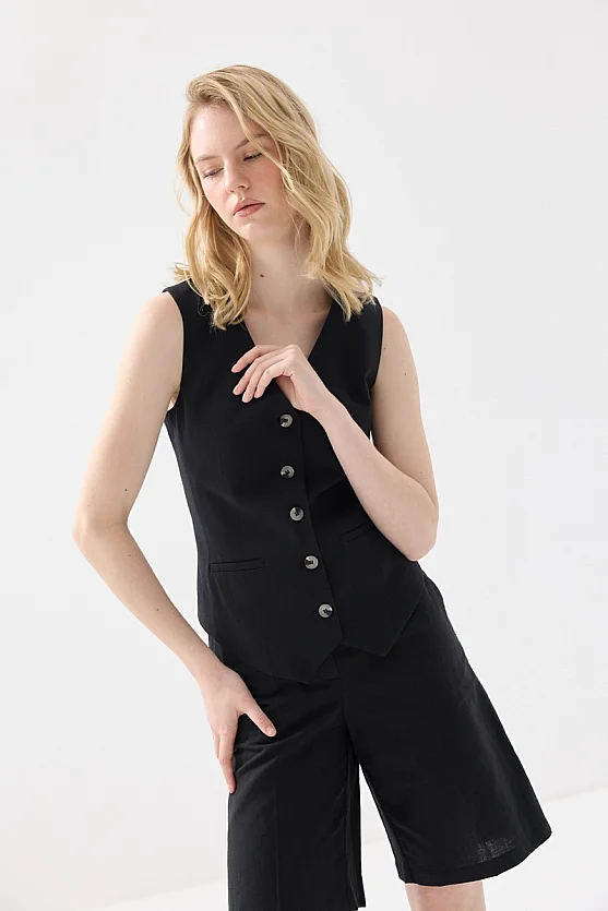 Linen Vest with Welt Pockets - Black - Gusto