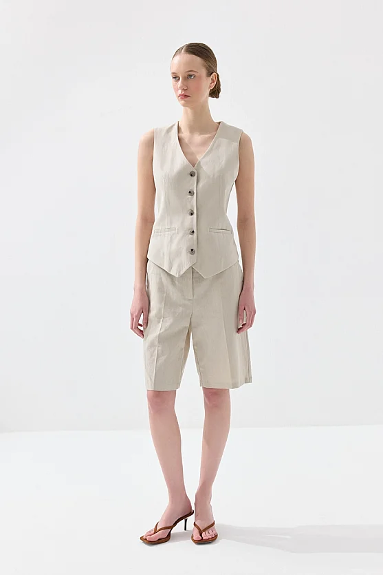 Linen Vest with Welt Pockets - Stone - 2