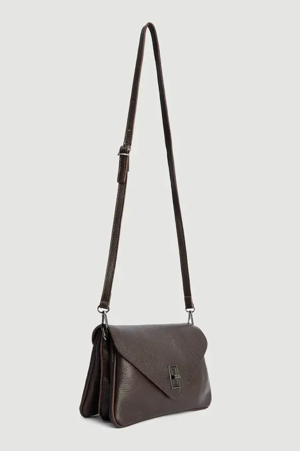 Lock Buckle Long Strap Mini Leather Bag - Brown - 2