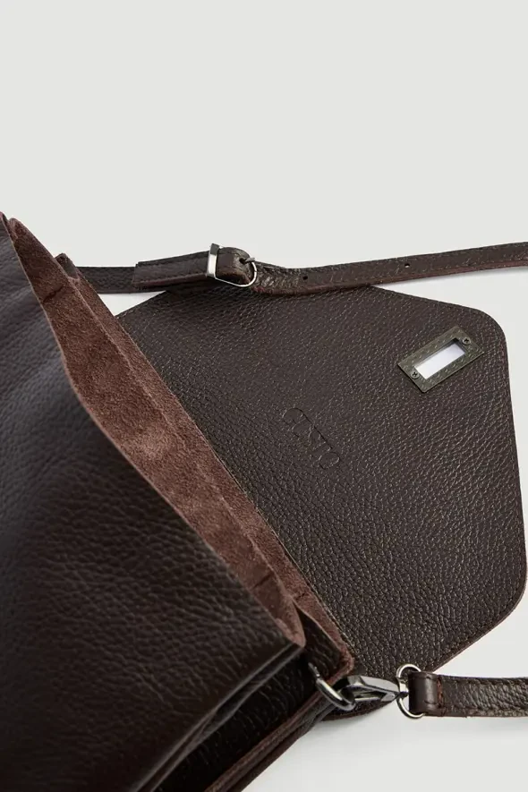 Lock Buckle Long Strap Mini Leather Bag - Brown - 3