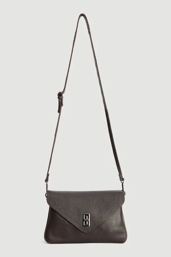 Lock Buckle Long Strap Mini Leather Bag - Brown - 4