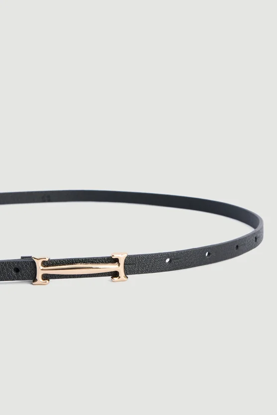 Lock Buckle Thin Faux Leather Belt - Black - Gusto