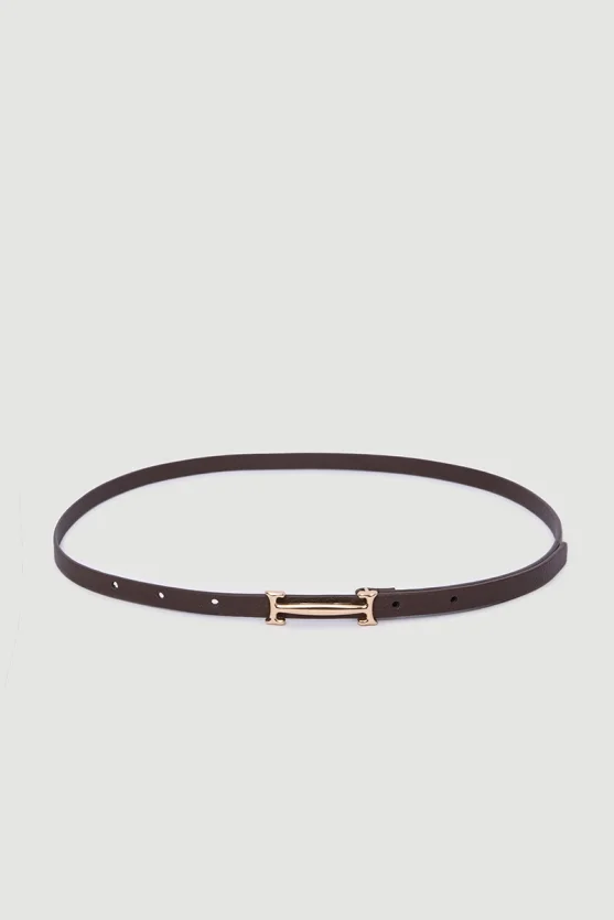 Lock Buckle Thin Faux Leather Belt - Brown - Gusto