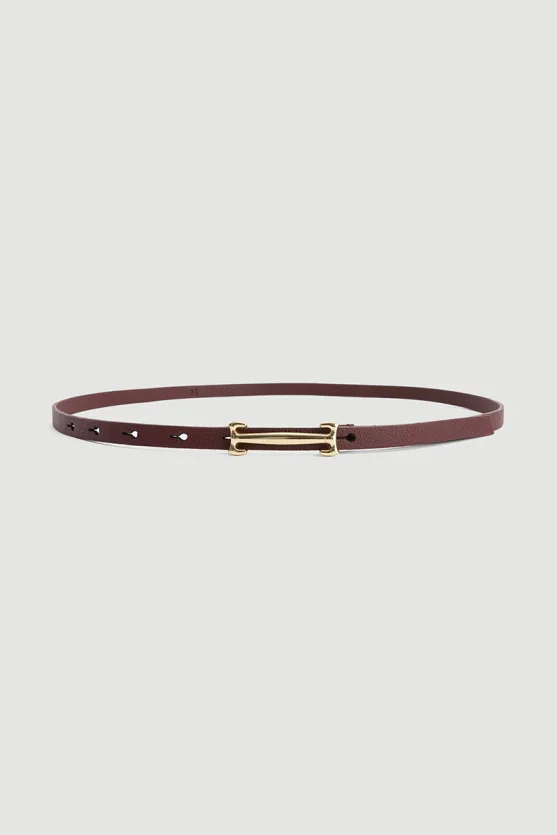 Lock Buckle Thin Faux Leather Belt - Burgundy - Gusto