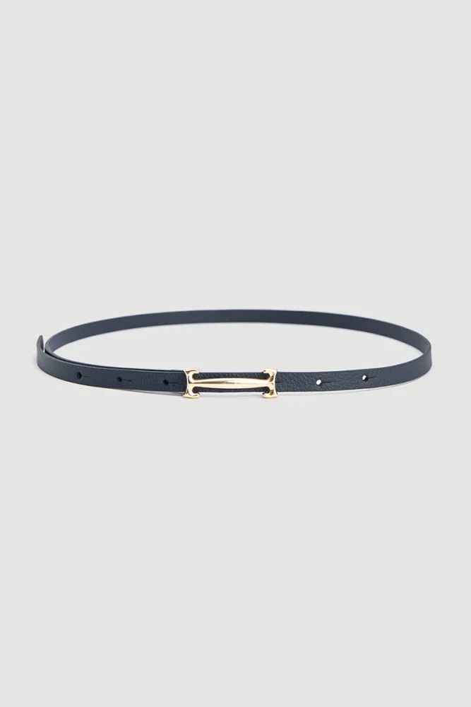 Lock Buckle Thin Faux Leather Belt - Navy Blue