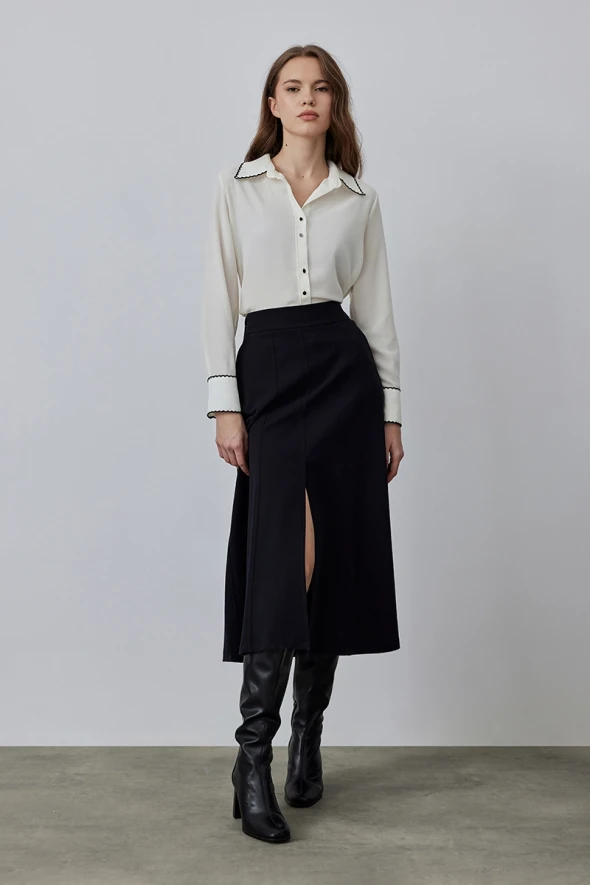 Long Canvas Skirt with Slits - Black - 4