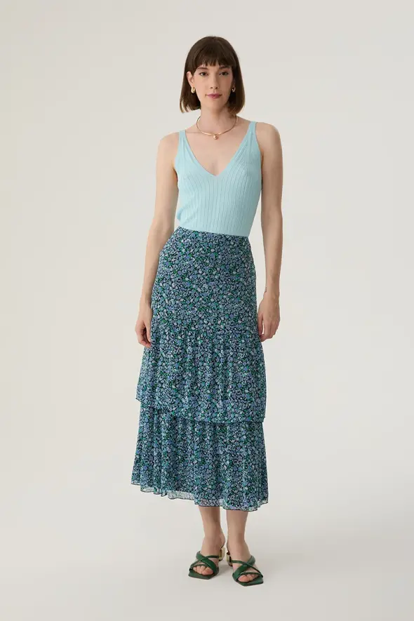 Long Chiffon Skirt with Floral Pattern - Blue - 2