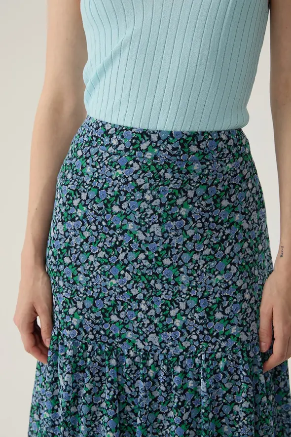 Long Chiffon Skirt with Floral Pattern - Blue - 4