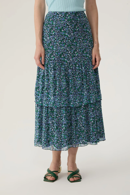 Long Chiffon Skirt with Floral Pattern - Blue Blue