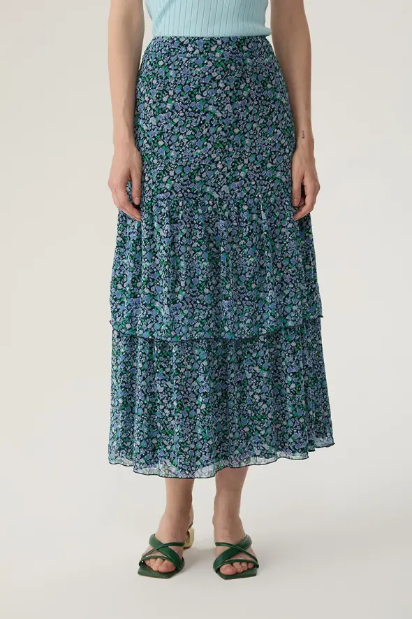 Long Chiffon Skirt with Floral Pattern - Blue - 1