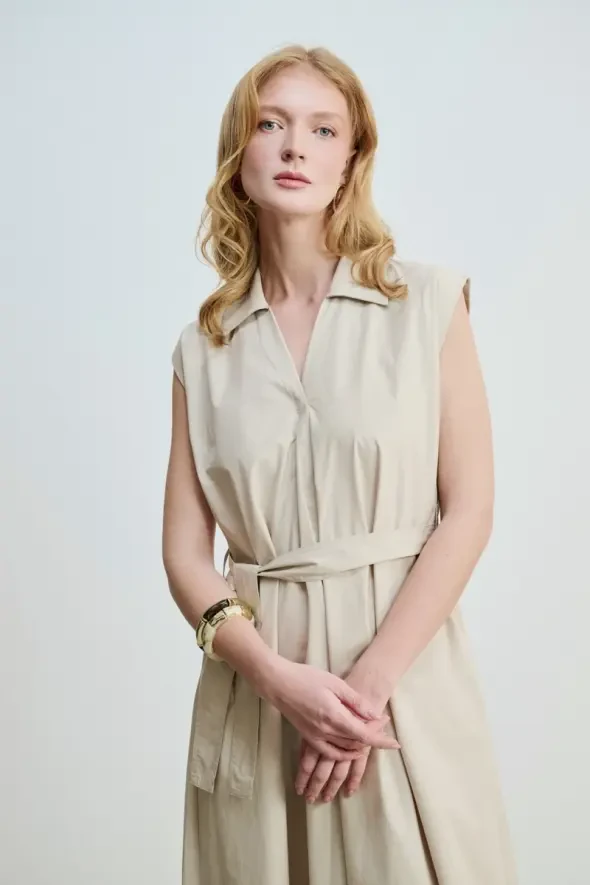 Long Cotton Dress with Waist Belt - Stone - 2