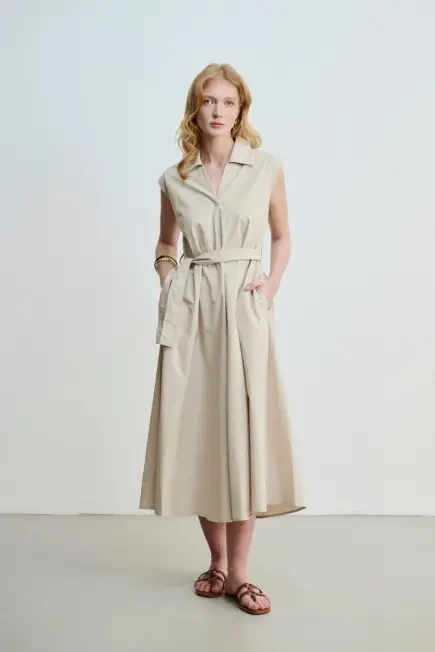 Long Cotton Dress with Waist Belt - Stone Stone