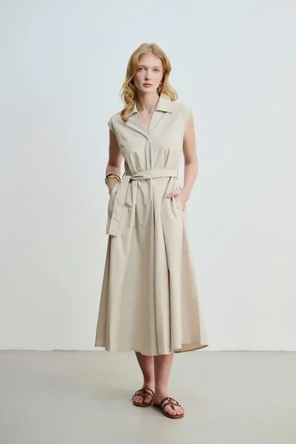 Long Cotton Dress with Waist Belt - Stone - 1