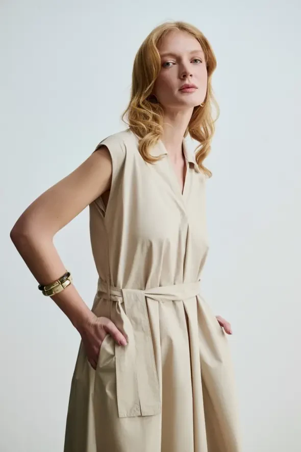 Long Cotton Dress with Waist Belt - Stone - 4
