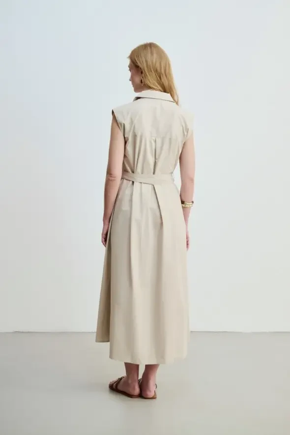 Long Cotton Dress with Waist Belt - Stone - 9