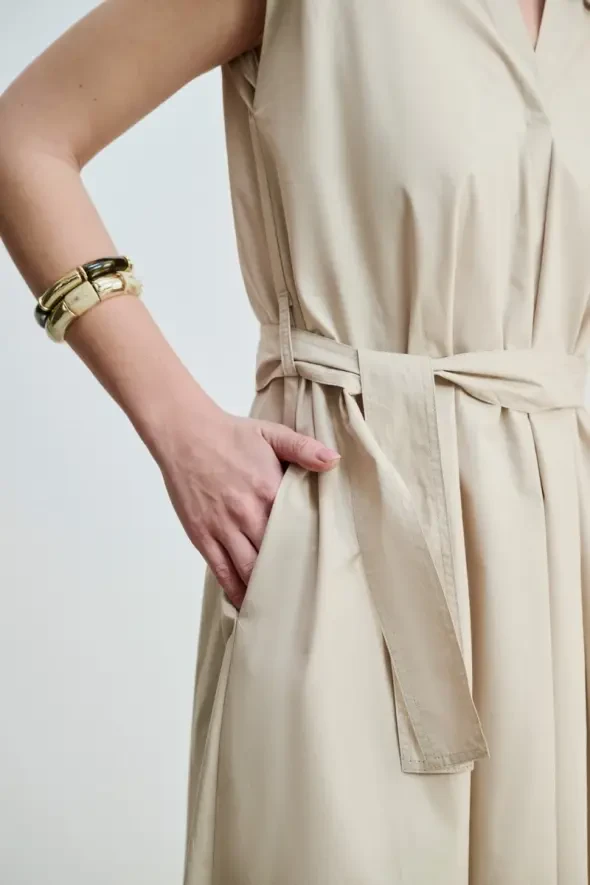 Long Cotton Dress with Waist Belt - Stone - 5