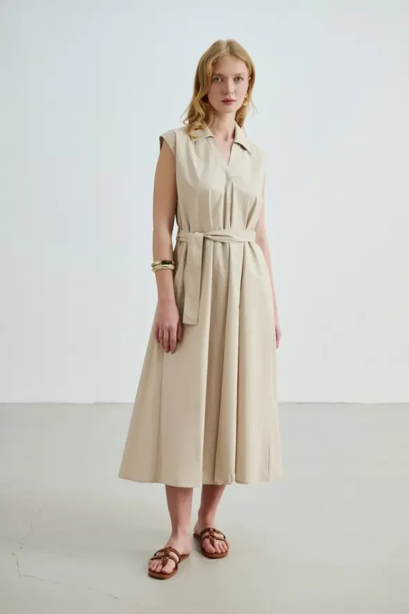 Long Cotton Dress with Waist Belt - Stone - 6