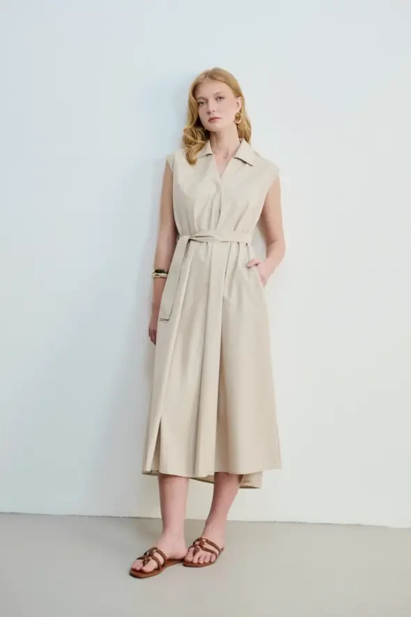 Long Cotton Dress with Waist Belt - Stone - 8