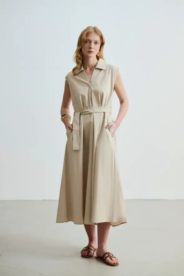 Long Cotton Dress with Waist Belt - Stone - 3