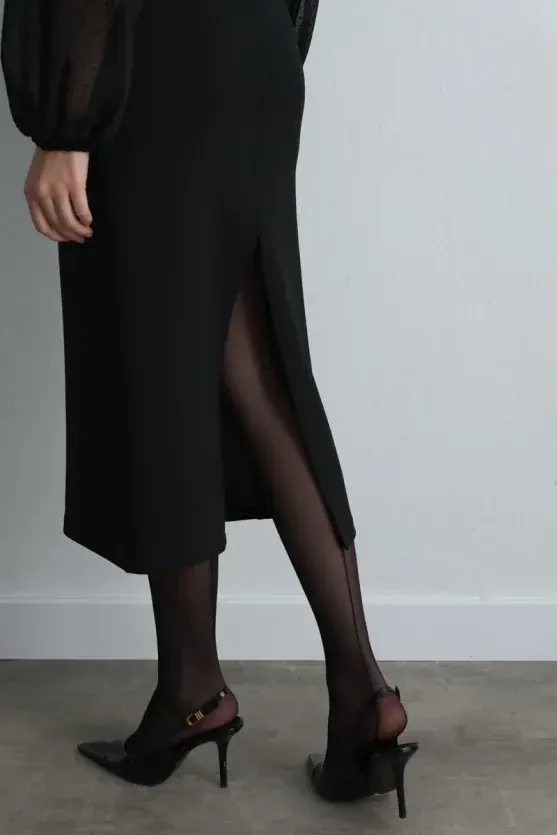 Long Crepe Jersey Skirt with Slit - Black - 5