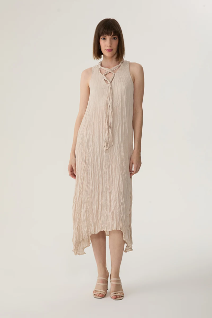 Long Crinkle Dress with Front Laced - Stone Stone