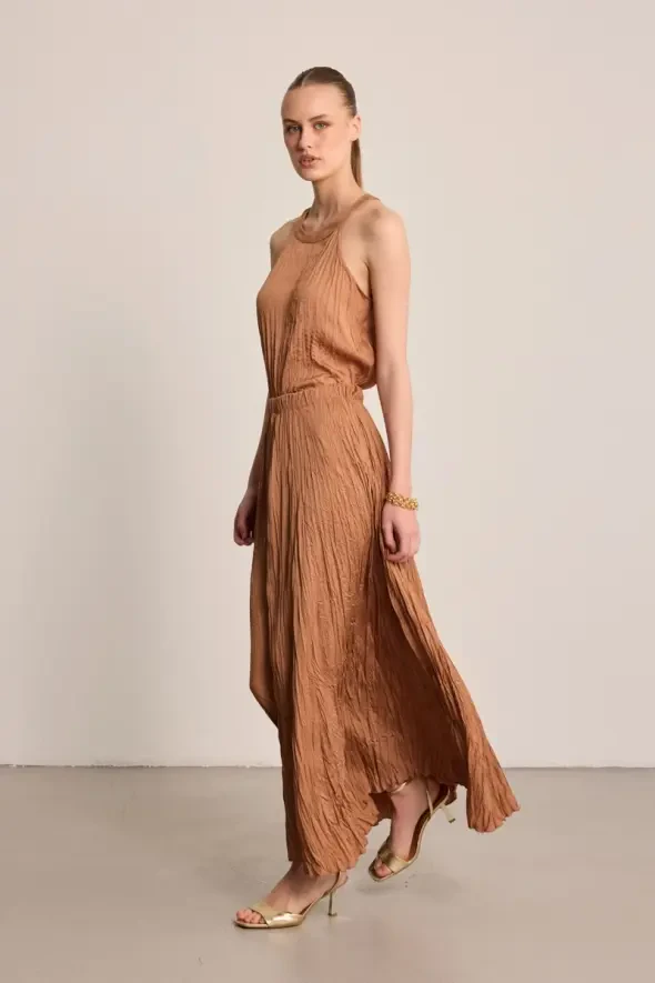 Long Crinkled Skirt - Brown - 3