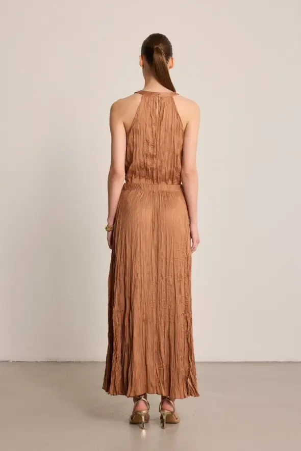 Long Crinkled Skirt - Brown - 4