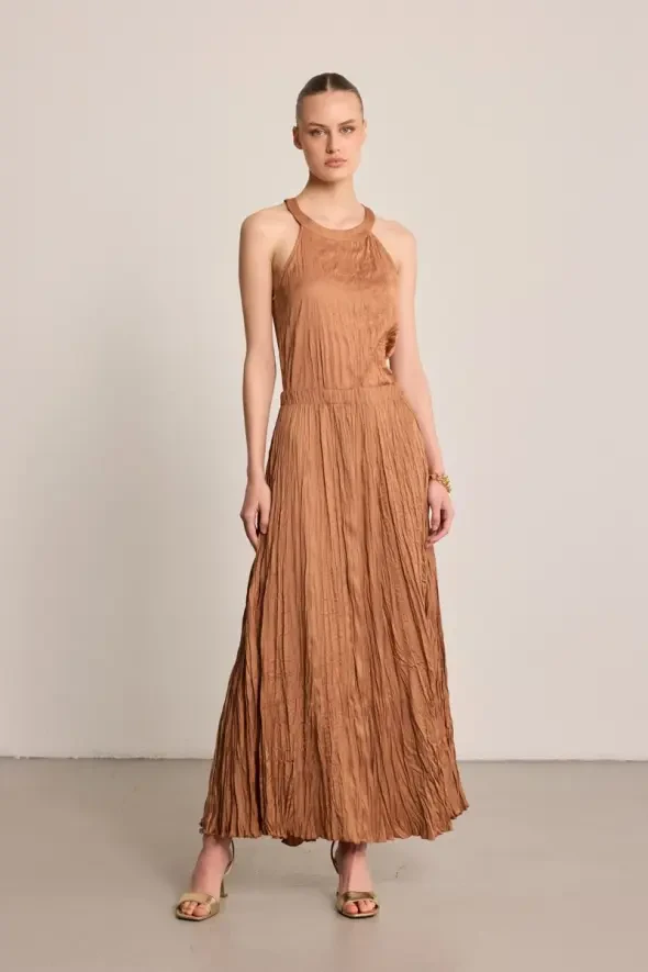 Long Crinkled Skirt - Brown - 1