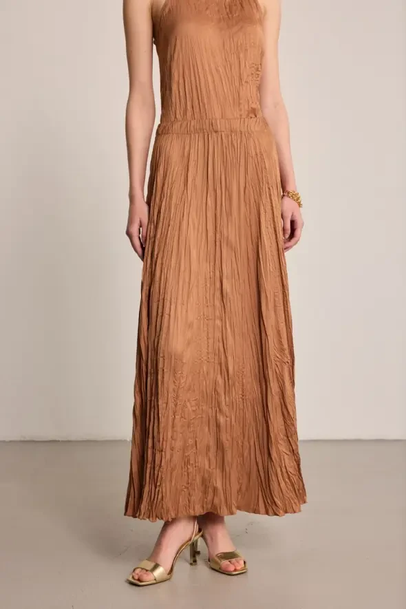 Long Crinkled Skirt - Brown - 2
