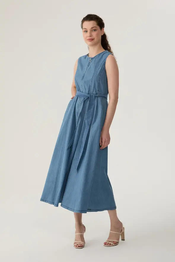 Long Denim Dress with Front Zipper - Blue - 1