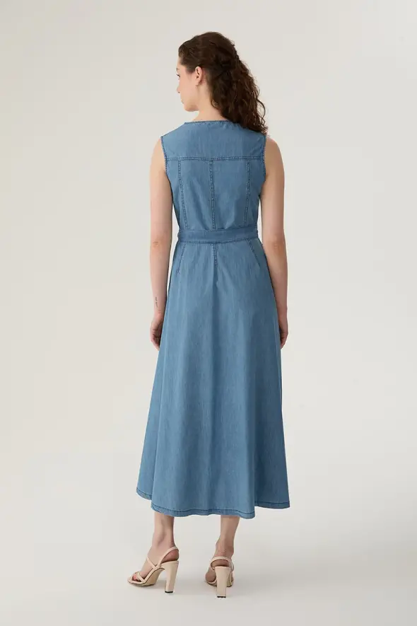 Long Denim Dress with Front Zipper - Blue - 5