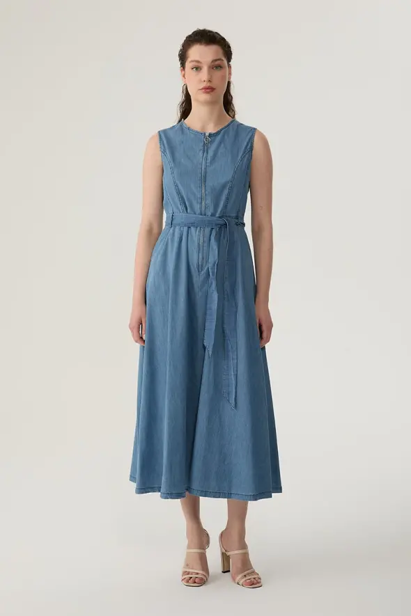 Long Denim Dress with Front Zipper - Blue - 2