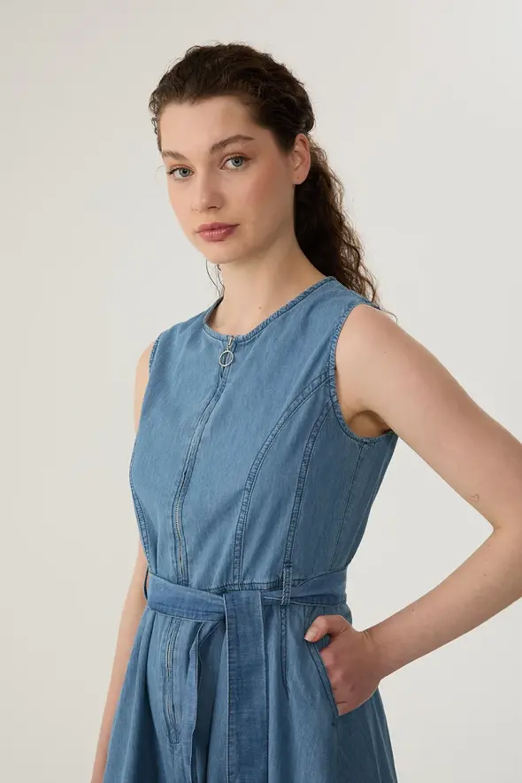 Long Denim Dress with Front Zipper - Blue - 3