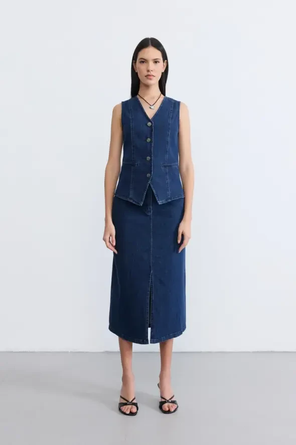 Long Denim Skirt - Blue - 1