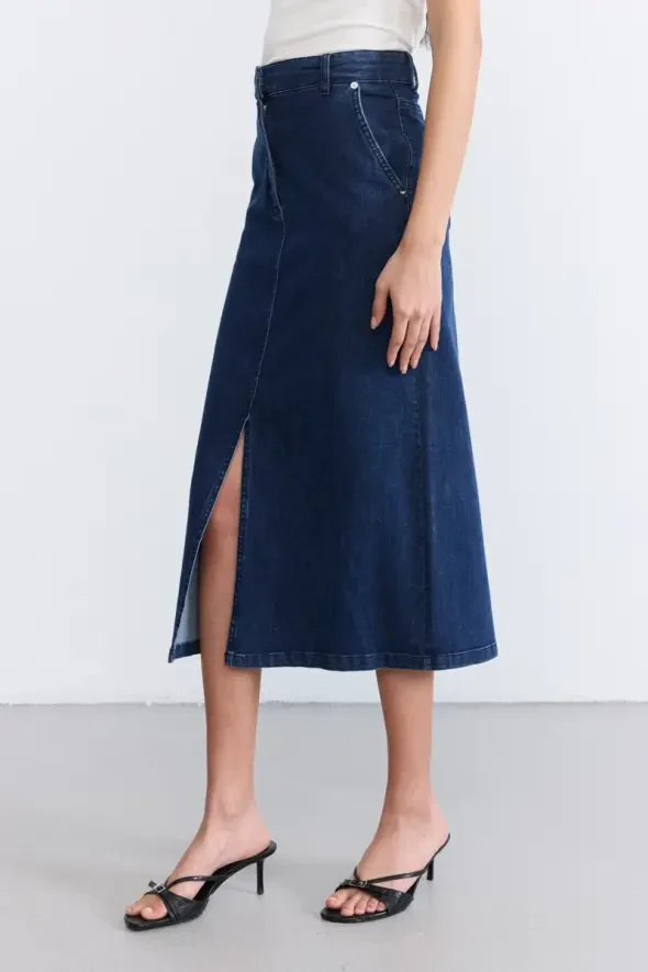 Long Denim Skirt - Blue - 2