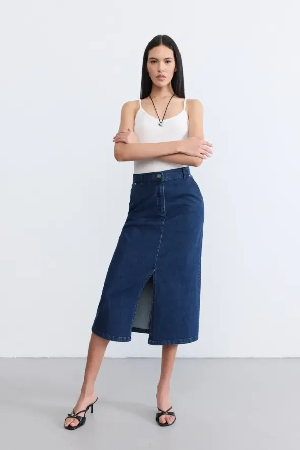 Long Denim Skirt - Blue - 3