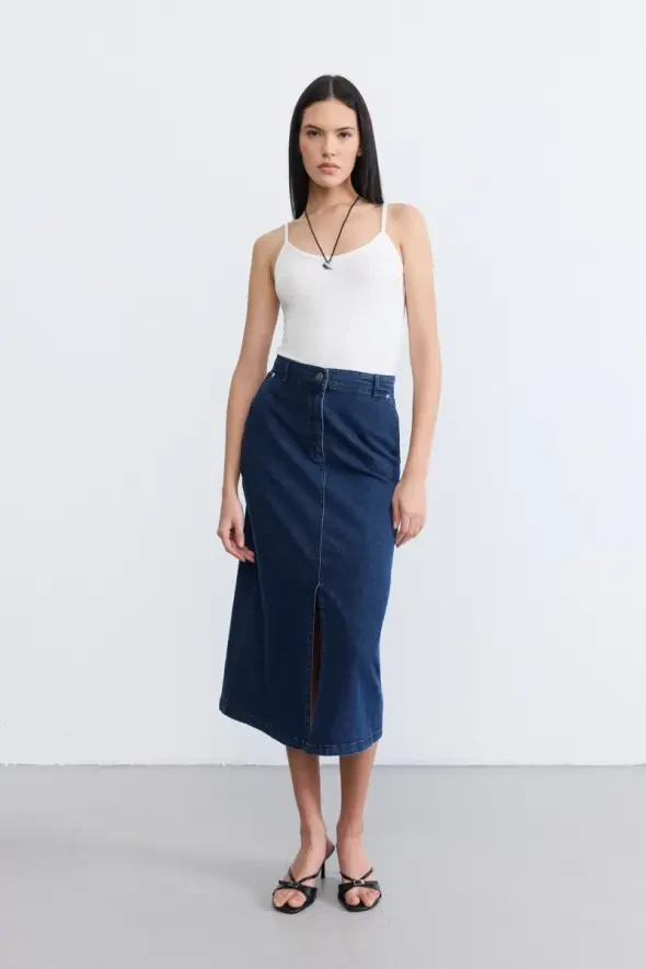 Long Denim Skirt - Blue - 5