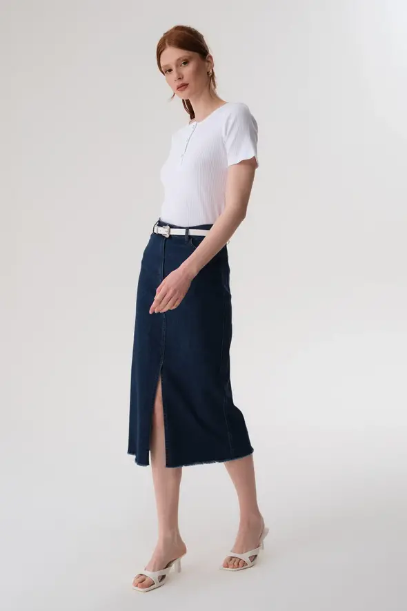 Long Denim Skirt - Blue - 4