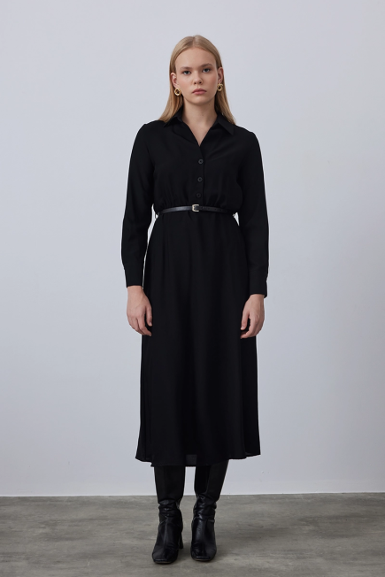 Long Dress with Belted Waist - Black Black