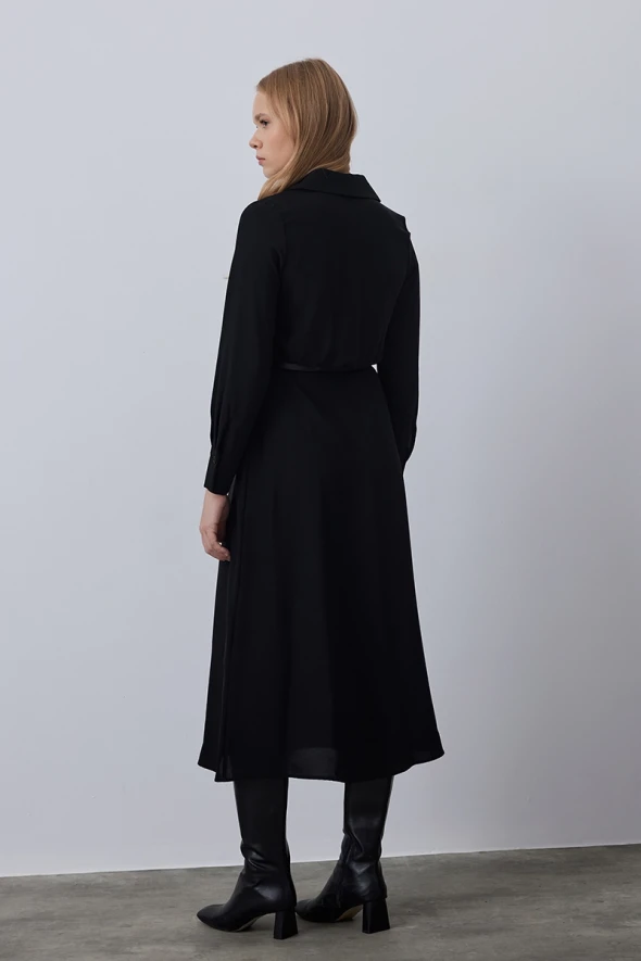 Long Dress with Belted Waist - Black - 4