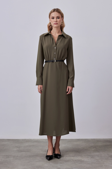 Long Dress with Belted Waist - Khaki Khaki