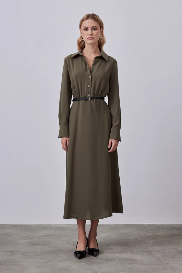 Long Dress with Belted Waist - Khaki - 1