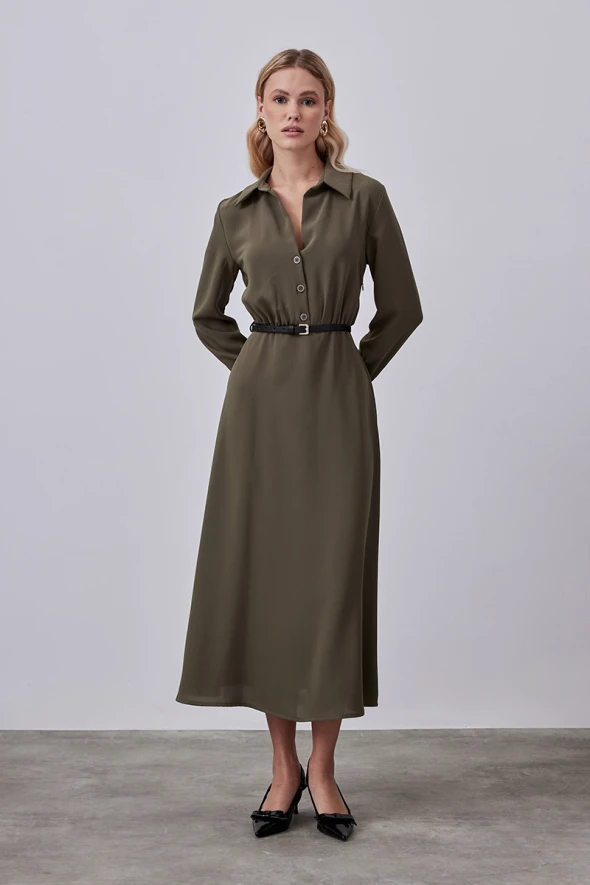 Long Dress with Belted Waist - Khaki - 2