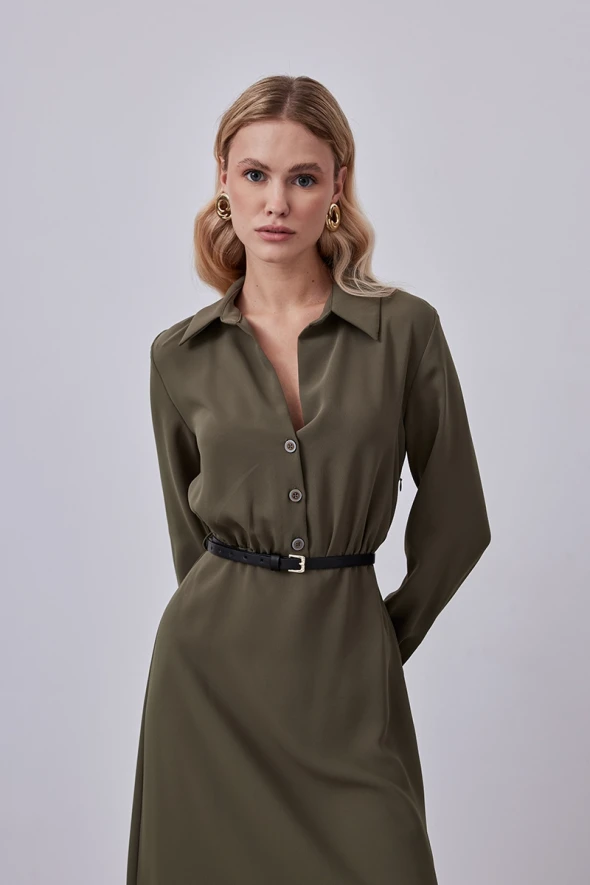 Long Dress with Belted Waist - Khaki - 3