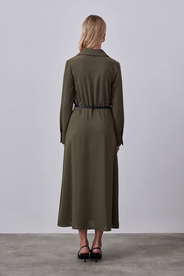 Long Dress with Belted Waist - Khaki - 5