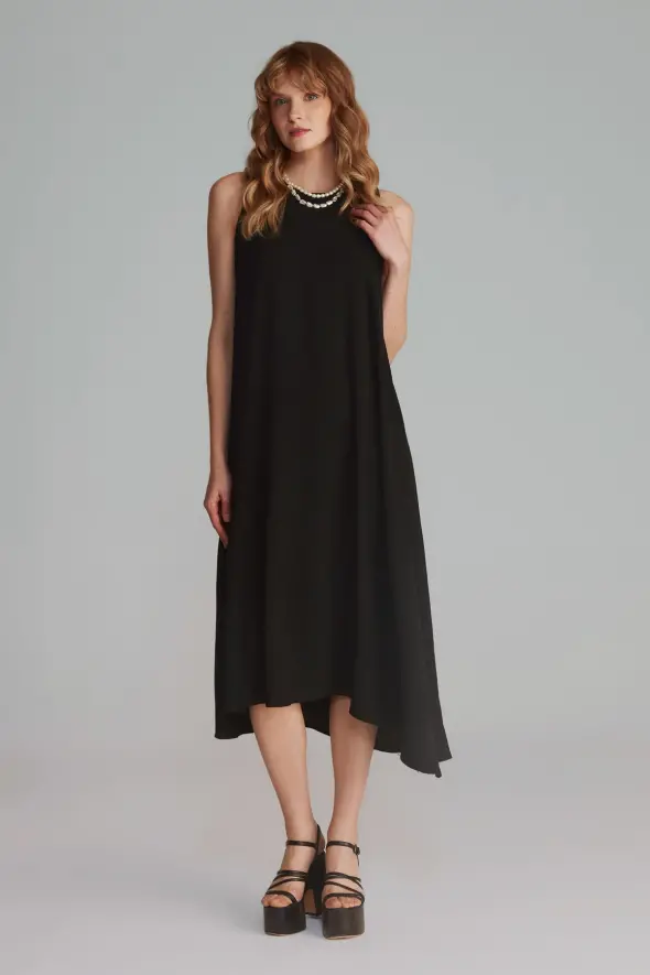 Long Dress with Lace-up Back - Black - 1