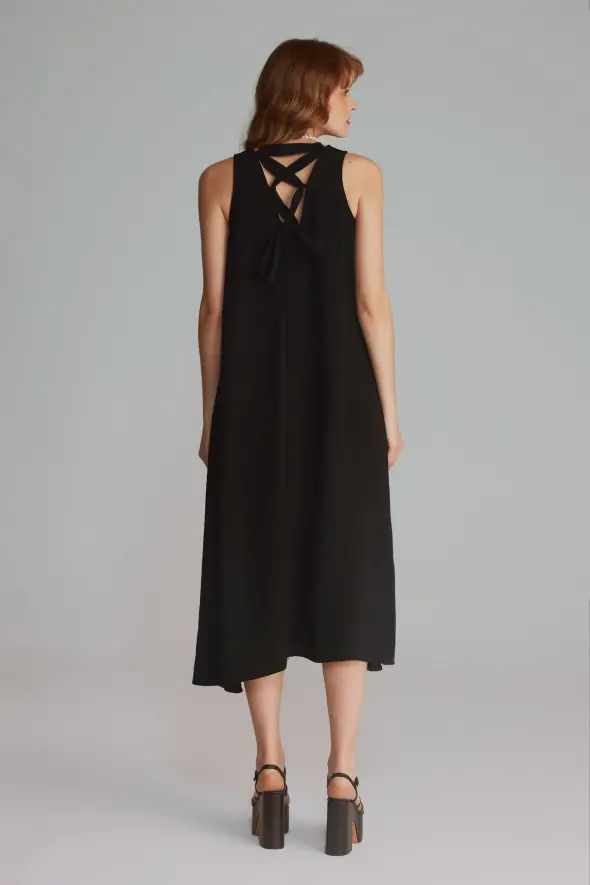 Long Dress with Lace-up Back - Black - 4