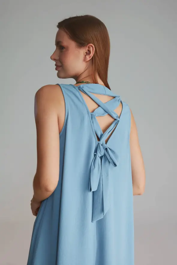 Long Dress with Lace-up Back - Blue - 3
